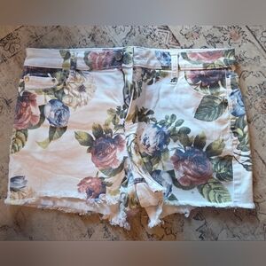 Tinseltown White Floral Denim Shorts with Multicolor Rose Print
